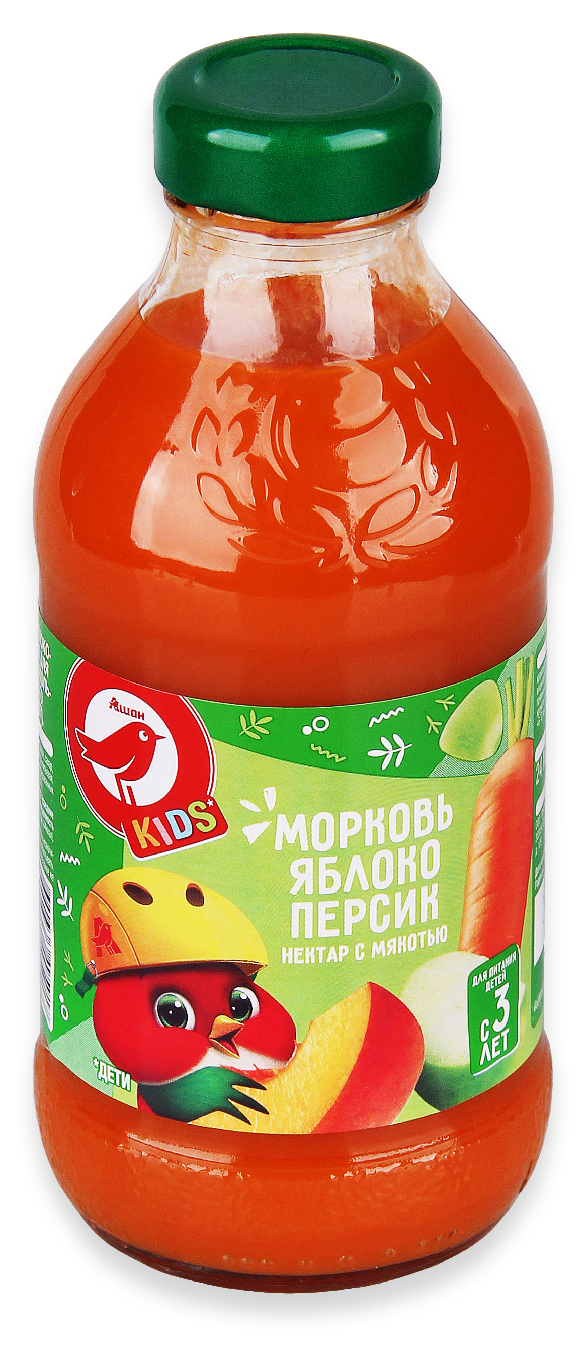 Нектар АШАН Красная птица Kids морковь яблоко персик с мякотью, 330 мл