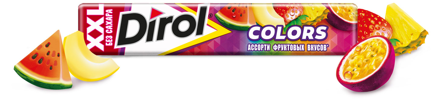 Резинка жевательная Dirol Colors XXL фруктовое ассорти без сахара, 19 г