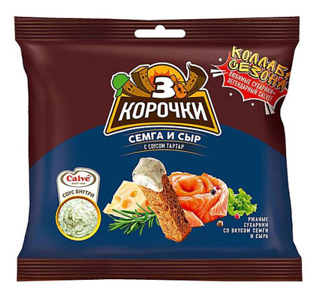 Сухарики ржаные 3 Корочки семга с сыром + соус Тартар, 60 г