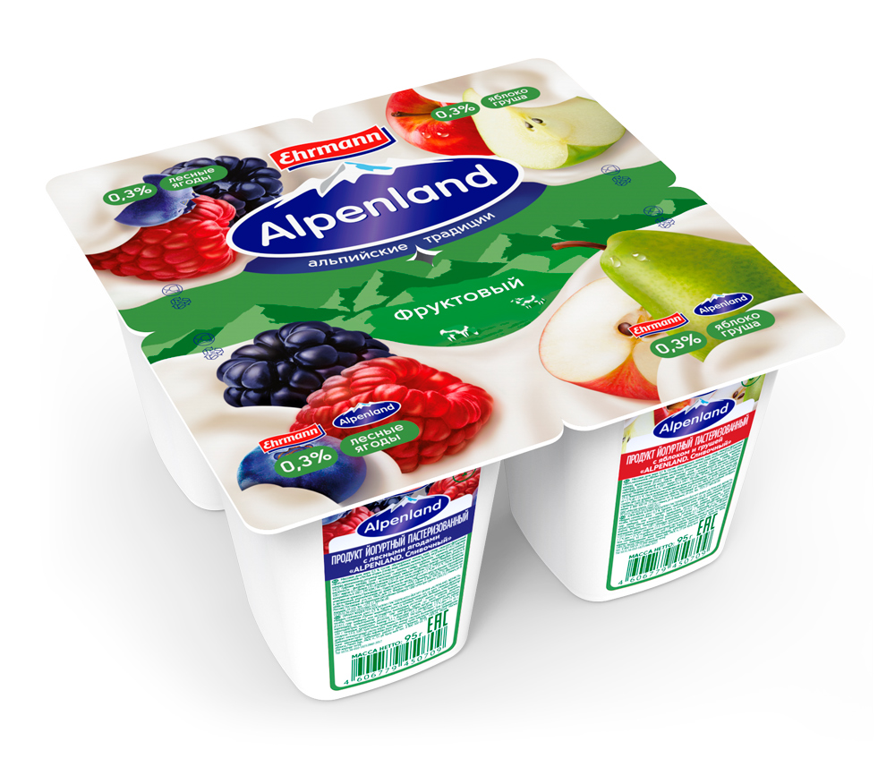 Йогуртный продукт густой ложковый Ehrmann Alpenland Фруктовый лесные ягоды яблоко груша 0,3%, 95 г