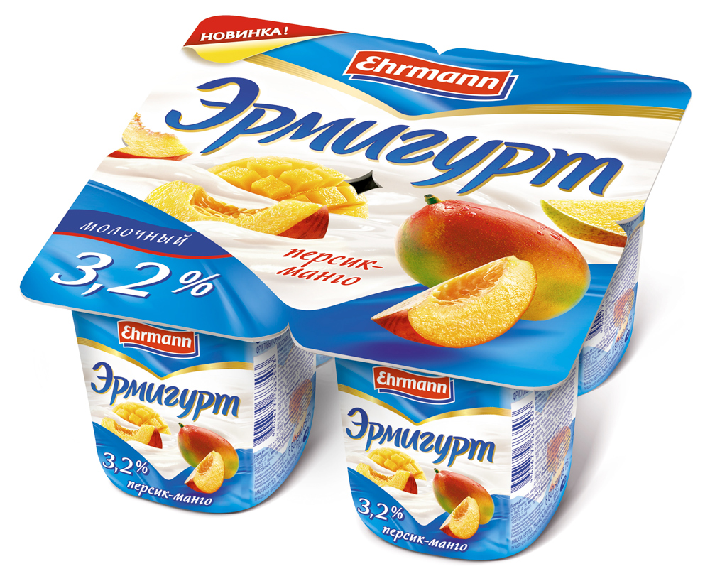 Йогурт молочный густой ложковый Ehrmann Эрмигурт персик манго 3,2 %, 100 г