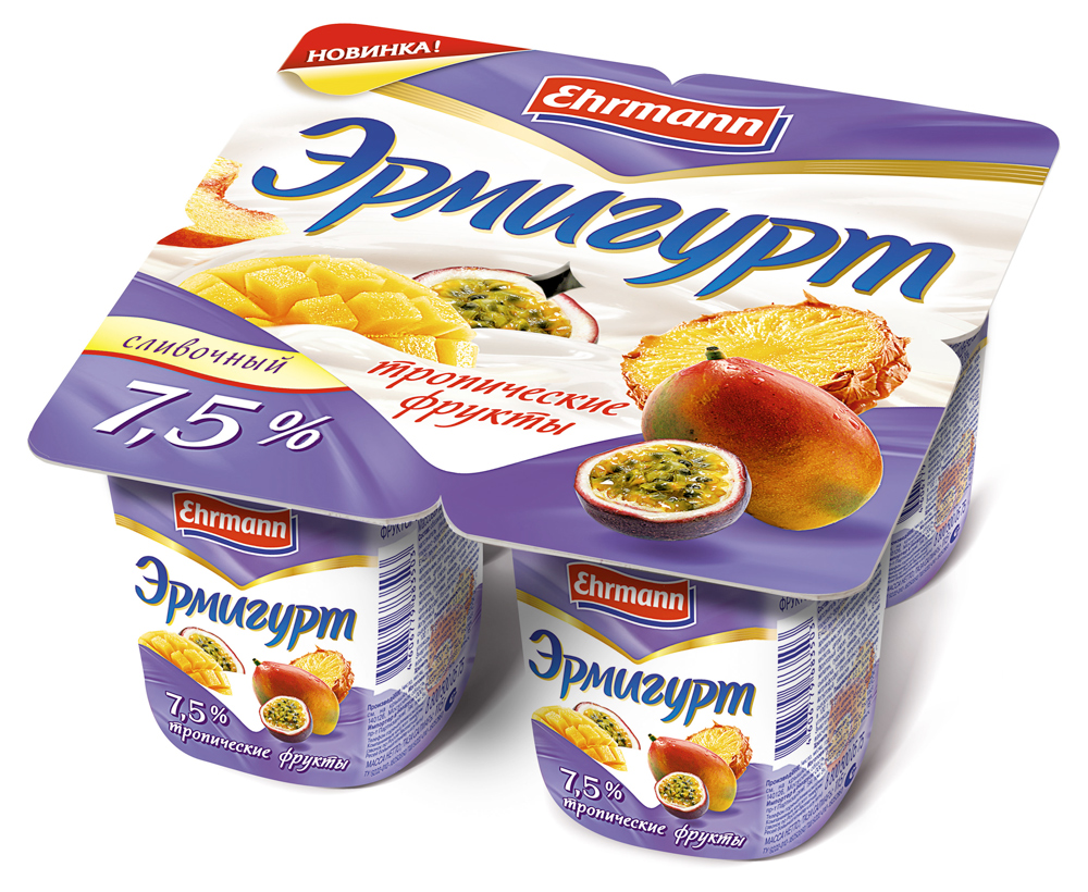 Йогурт сливочный густой ложковый Ehrmann Эрмигурт тропические фрукты 7,5 %, 100 г