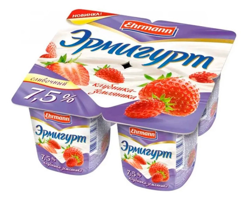 Йогуртный продукт сливочный густой ложковый Ehrmann Эрмигурт клубника-земляника 7,5%, 100 г