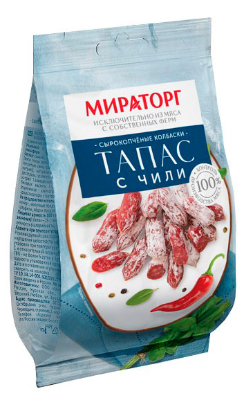 Мясные снеки Колбаски сырокопченые острые Мираторг Тапас из свинины и курицы с перцем чили и белой плесенью, 50 г