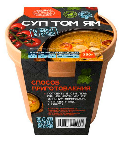 Готовое блюдо Суп рыбный Aurora Том Ям с кальмаром, мидиями и креветкой на кокосовом молоке замороженный, 350 г