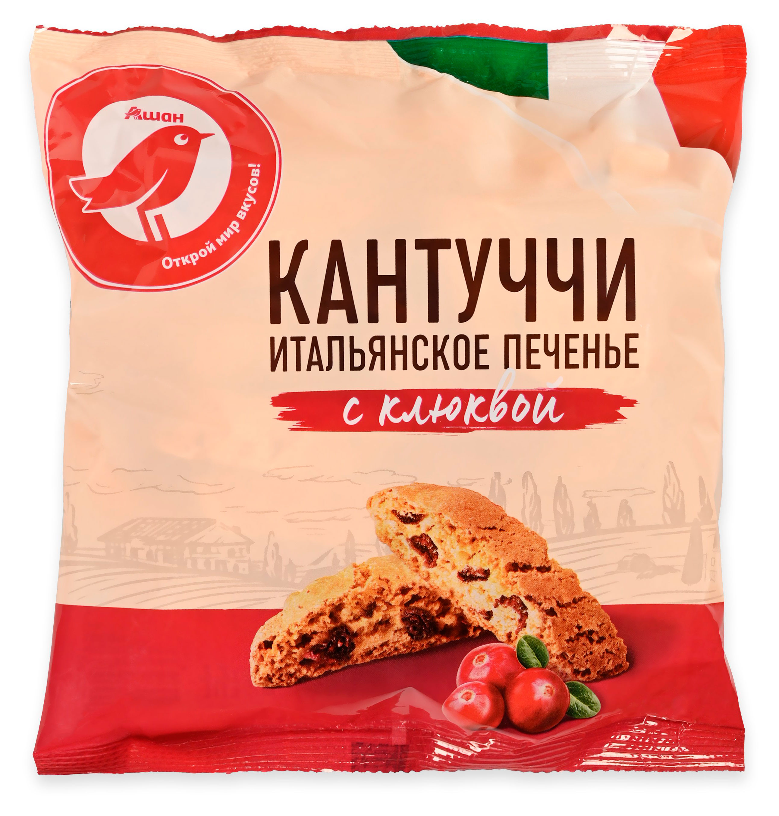 Печенье сдобное АШАН Красная птица Кантуччи с клюквой, 180 г