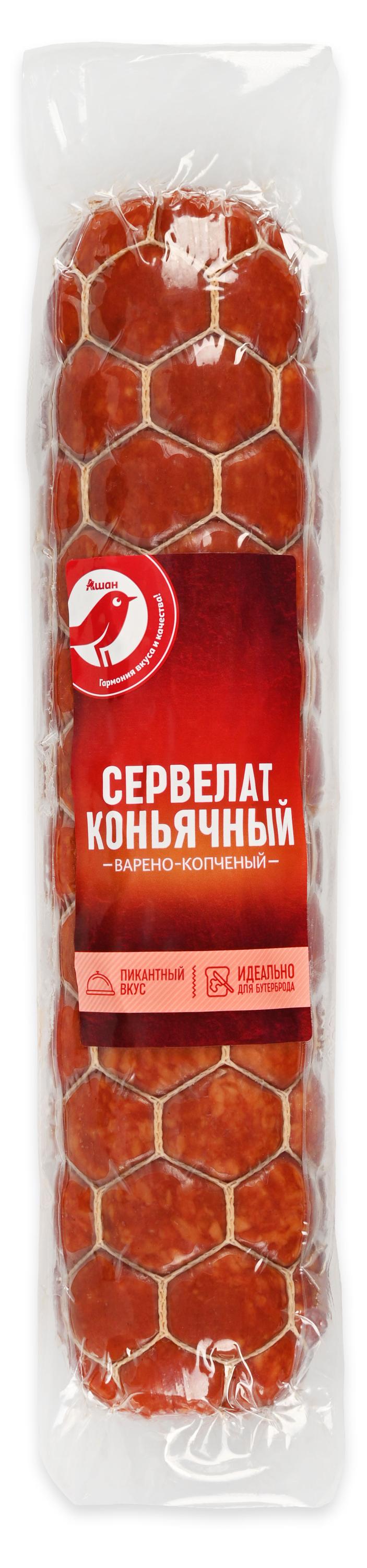 Колбаса варено-копченая АШАН Красная птица Сервелат Коньячный, ~ 900 г