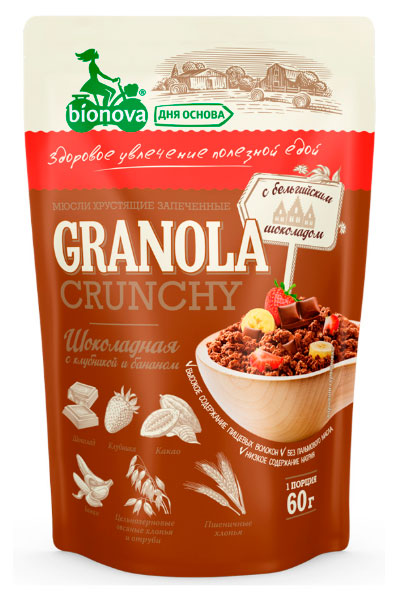 Мюсли запеченные Bionova Crunchy Шоколадные с клубникой и бананом, 60 г