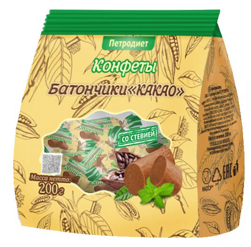 Конфеты батончики Петродиет на фруктозе со стевией какао, 200 г