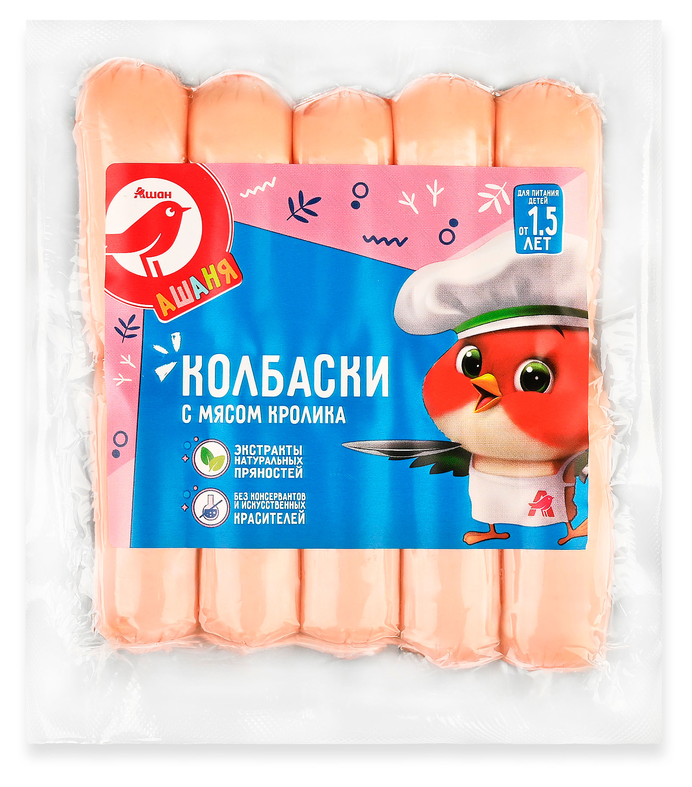 Колбаски вареные АШАН Красная птица Ашаня Сосиски мини с мясом кролика охлажденные, 180 г