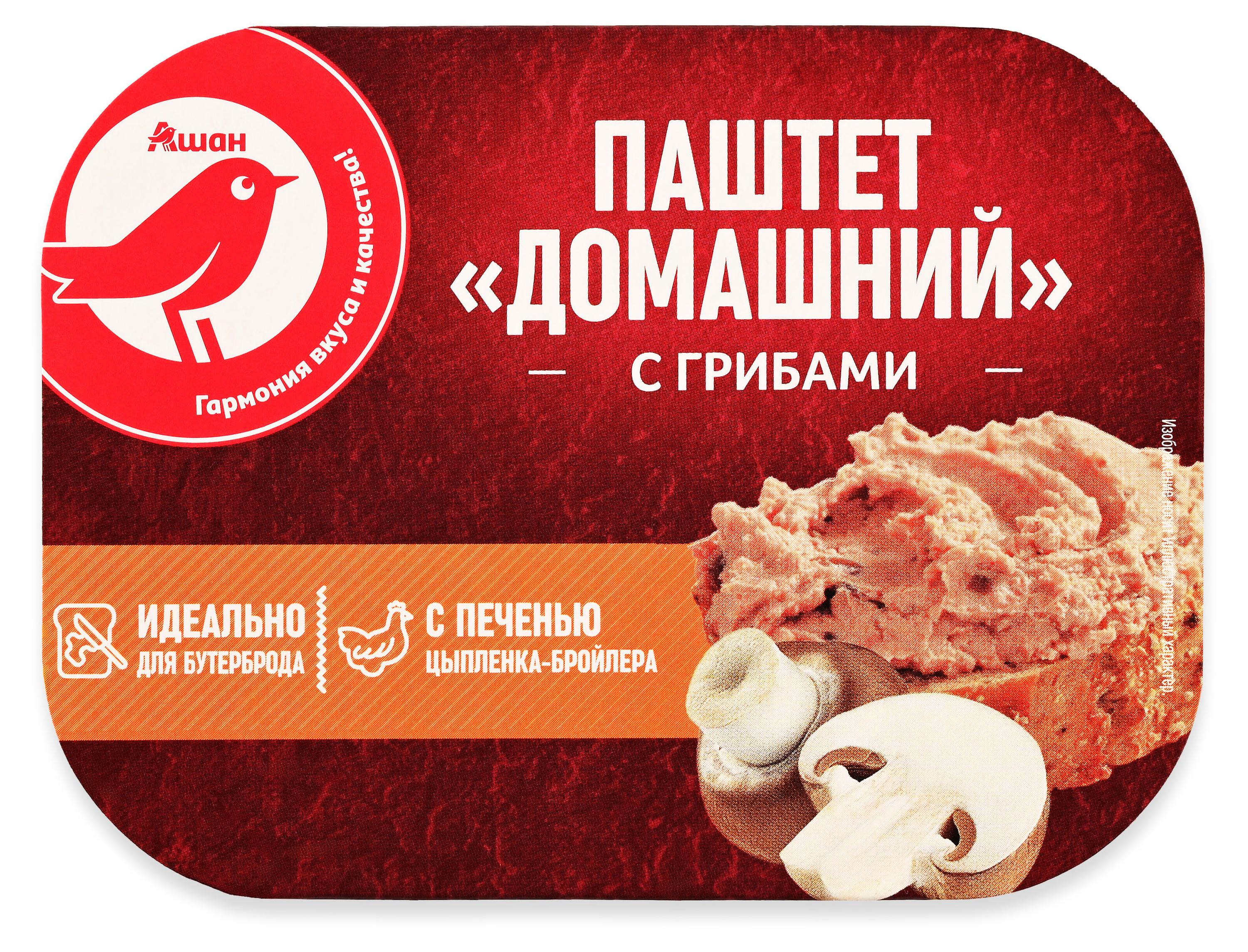 Паштет мясной АШАН Красная птица Домашний с куриной печенью и грибами охлажденный, 150 г