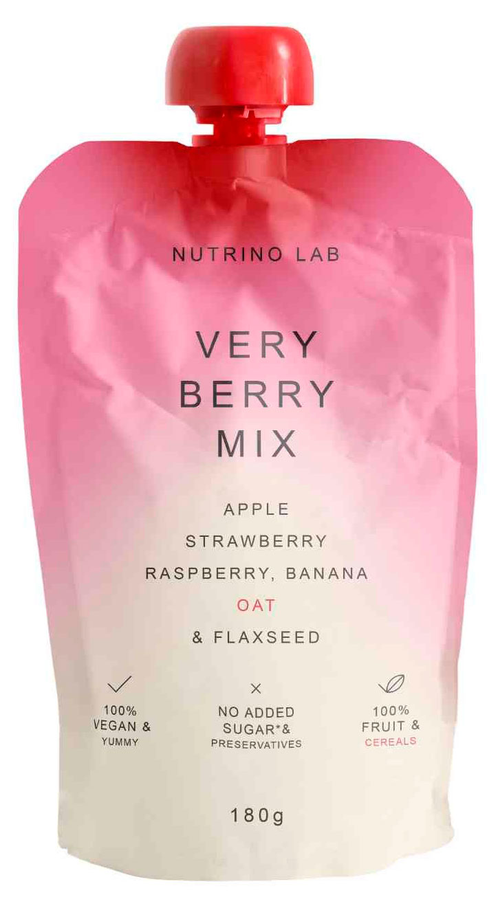 Пюре фруктово-злаковое Nutrino Lab Very Berry Mix Яблоко клубника малина банан с добавлением овса и льна Сербия, 180 г