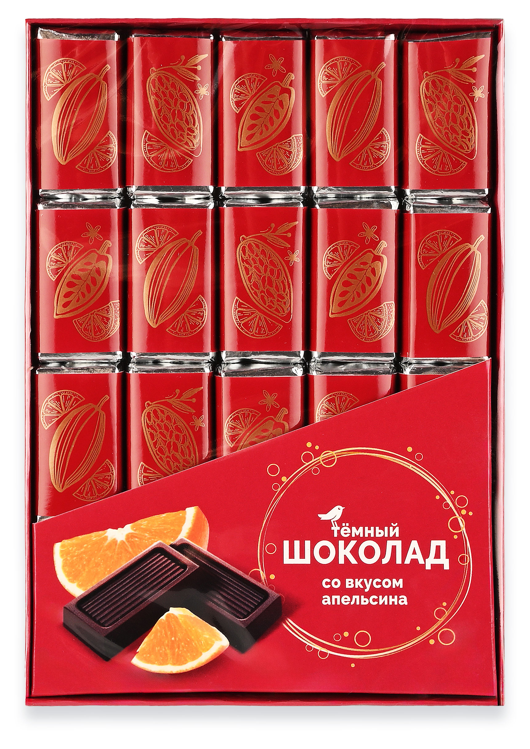 Шоколад темный АШАН Красная птица со вкусом апельсина, 20х5 г