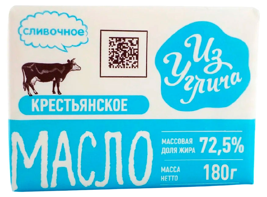 Масло сладкосливочное Из Углича Крестьянское 72,5% ГОСТ БЗМЖ, 180 г