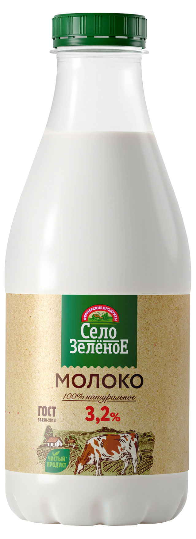 Молоко пастеризованное Село Зеленое цельное 3,2% ГОСТ БЗМЖ охлажденное, 930 г