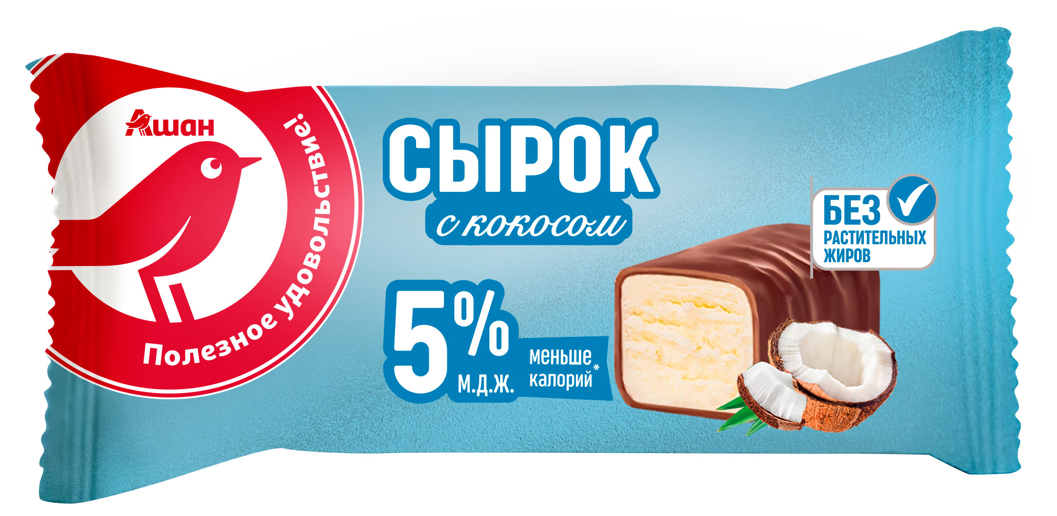 Сырок глазированный творожный АШАН Красная птица с кокосом батончик ГОСТ БЗМЖ, 40 г