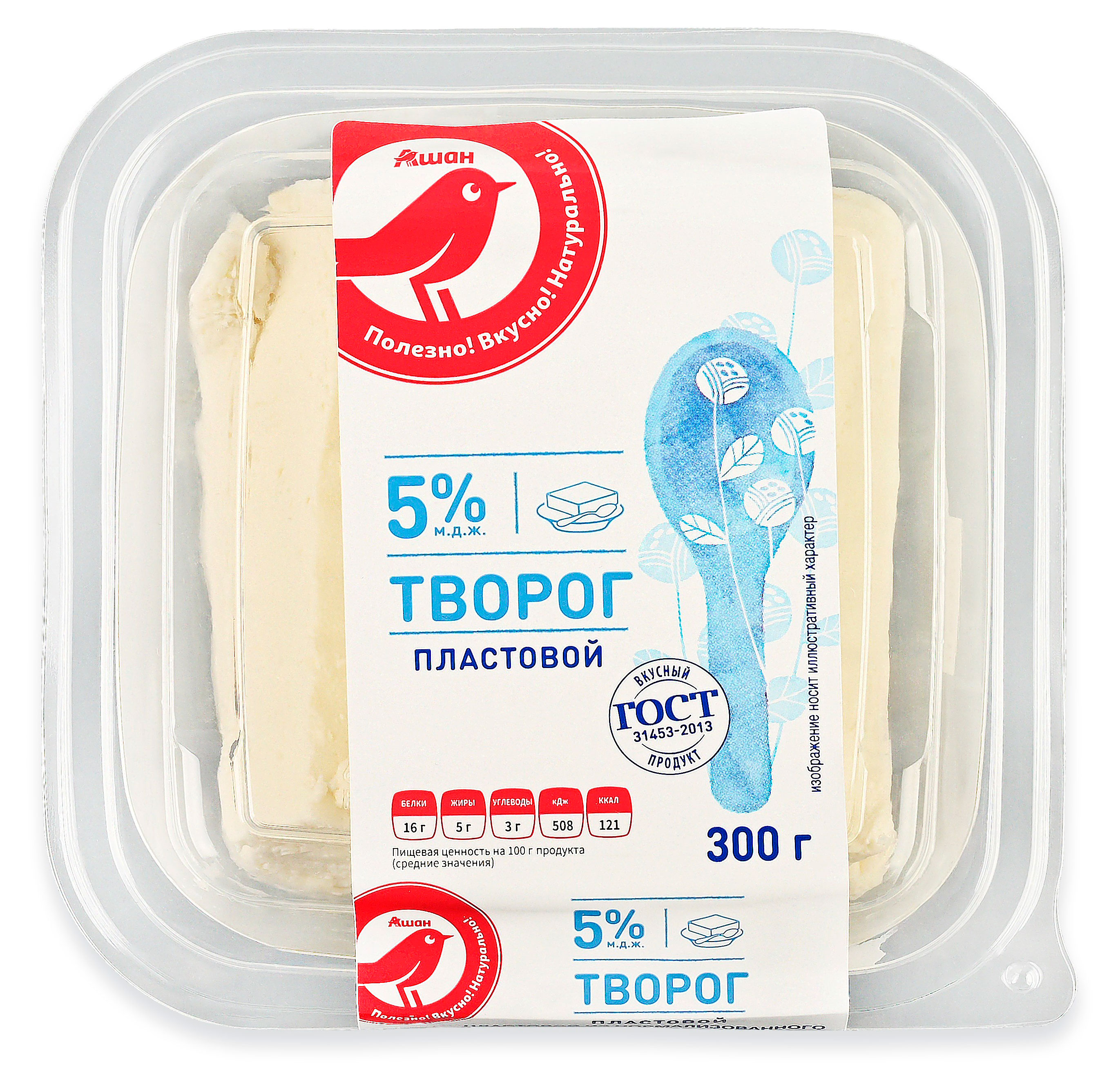 Творог пластовой АШАН Красная птица 5% ГОСТ БЗМЖ, 300 г
