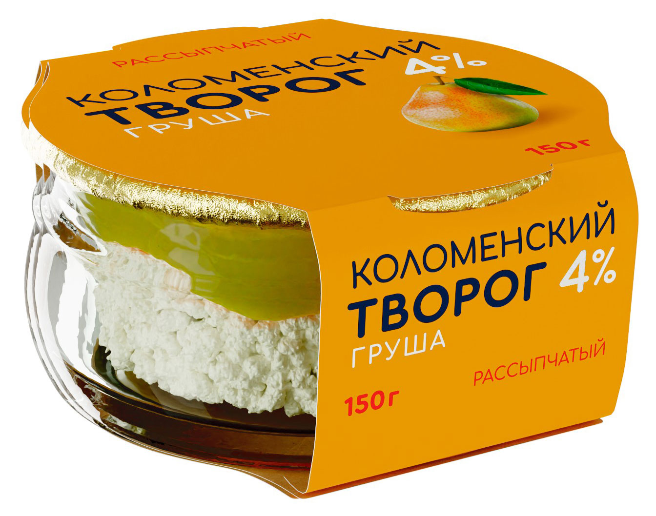 Творог рассыпчатый сладкий Коломенский с наполнителем Груша в стеклянной банке 4% БЗМЖ, 150 г