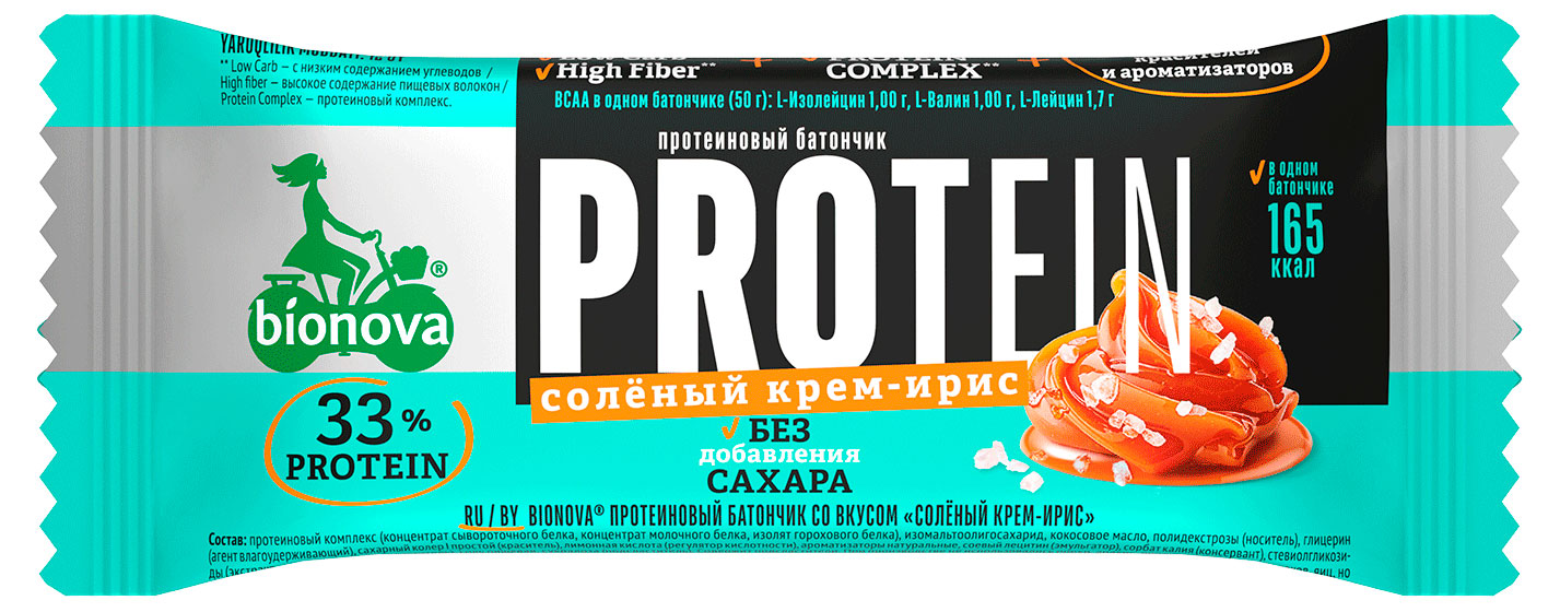 Батончик протеиновый Bionova соленый крем-ирис без добавления сахара, 50 г