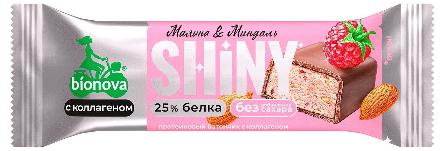 Батончик протеиновый Bionova Shiny глазированный малина и миндаль без добавления сахара, 40 г