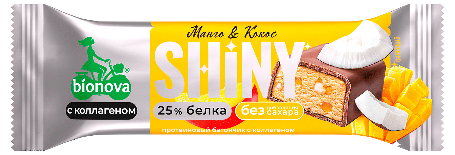 Батончик протеиновый Bionova Shiny глазированный манго и кокос без добавления сахара, 40 г