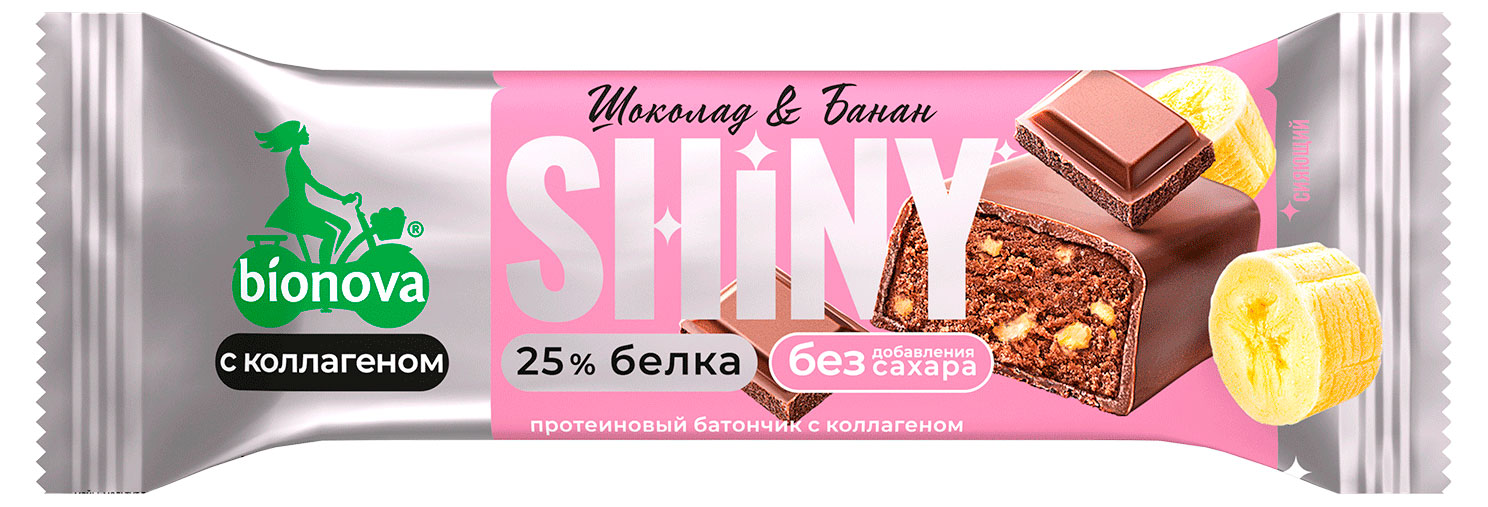 Батончик протеиновый Bionova Shiny глазированный шоколад и банан без добавления сахара, 40 г