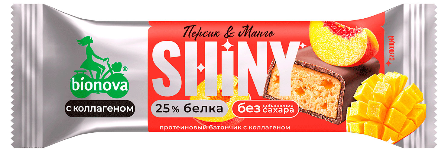 Батончик протеиновый Bionova Shiny глазированный манго и персик без добавления сахара, 40 г