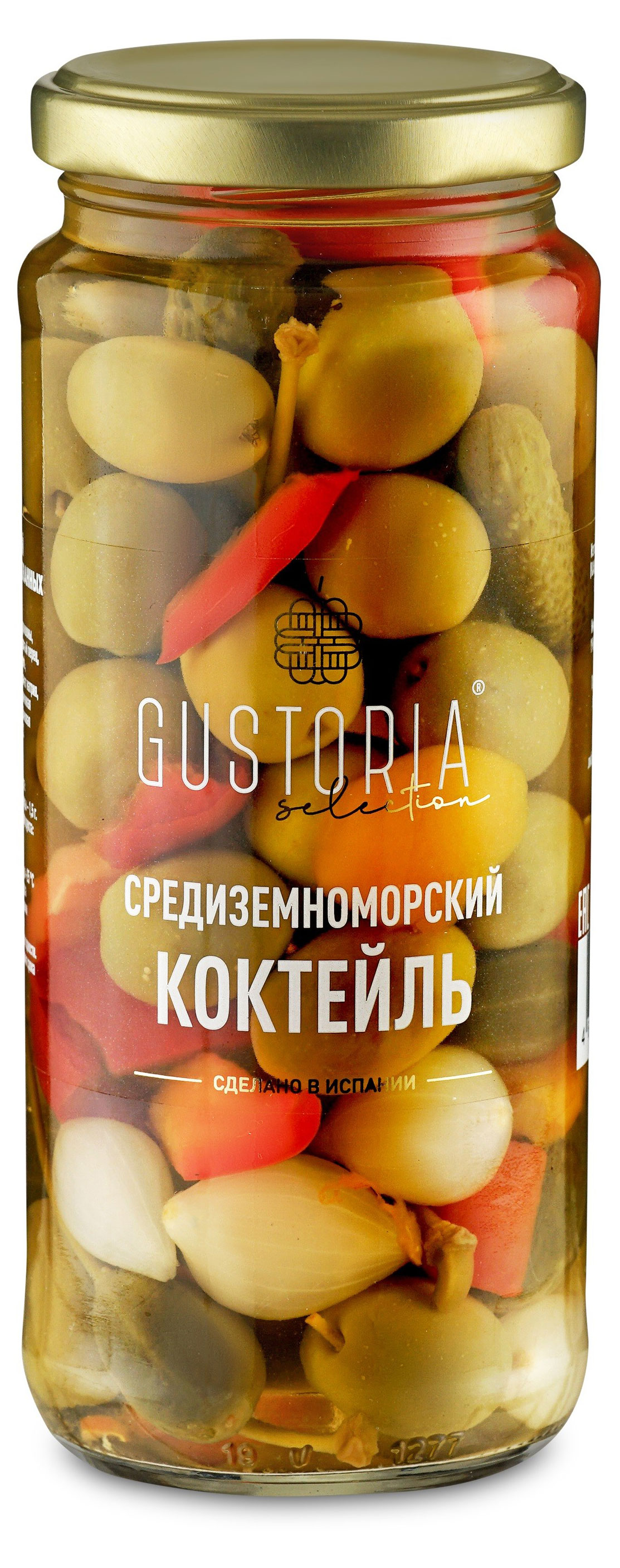 Ассорти овощное Gustoria Коктейль Средиземноморский из оливок и овощей маринованный Испания, 340 г