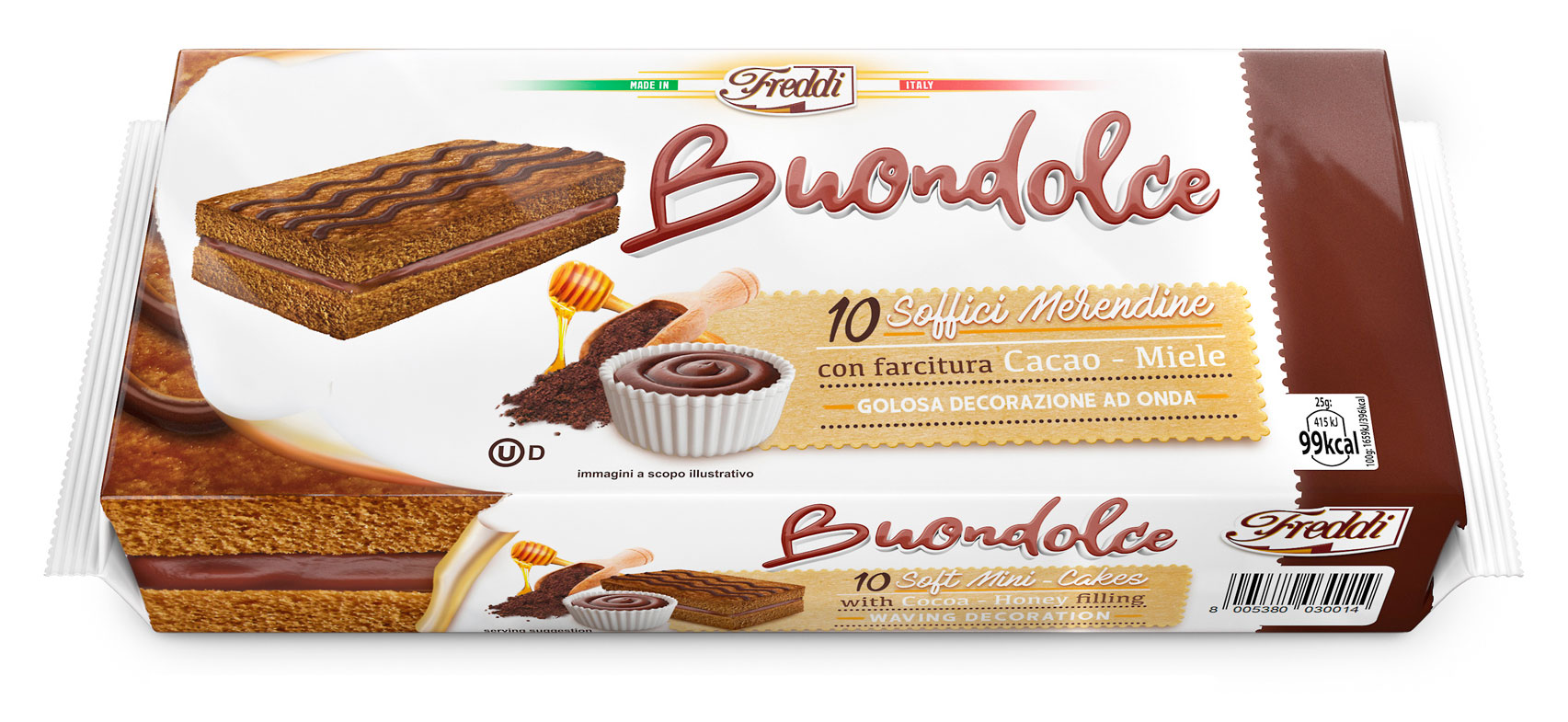 Мини-пирожные воздушно-бисквитные Freddi Buondolce Шоколад мед Италия, 250 г