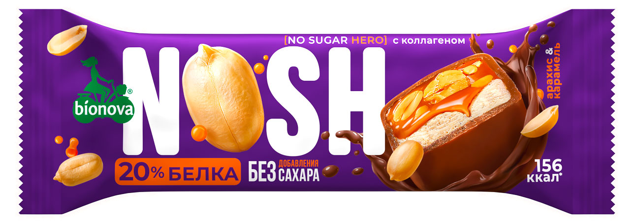 Батончик глазированный Bionova Nosh Карамель и арахис, 40 г