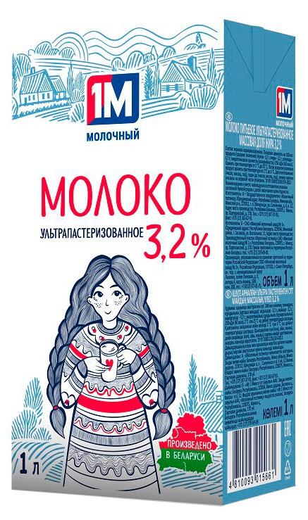 Молоко ультрапастеризованное питьевое 1М Молочный нормализованное 3,2% БЗМЖ Беларусь, 1 л