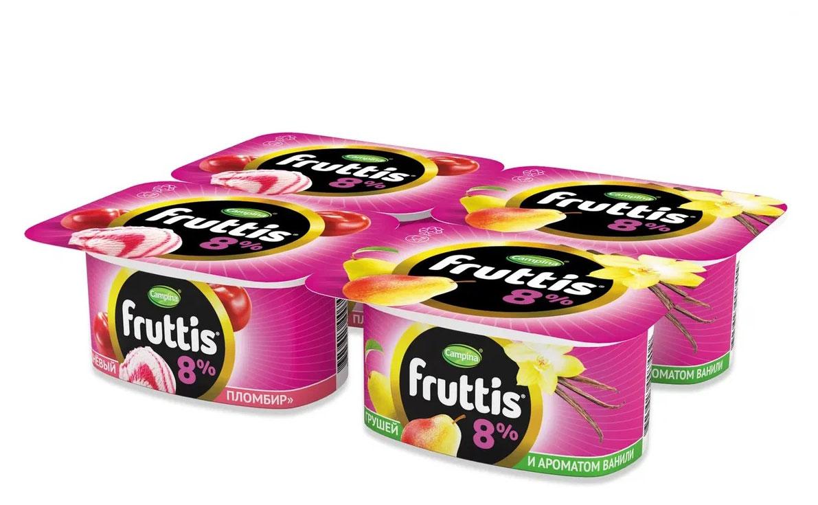 Йогуртный продукт густой ложковый Fruttis вишневый пломбир груша ваниль 8%, 115 г