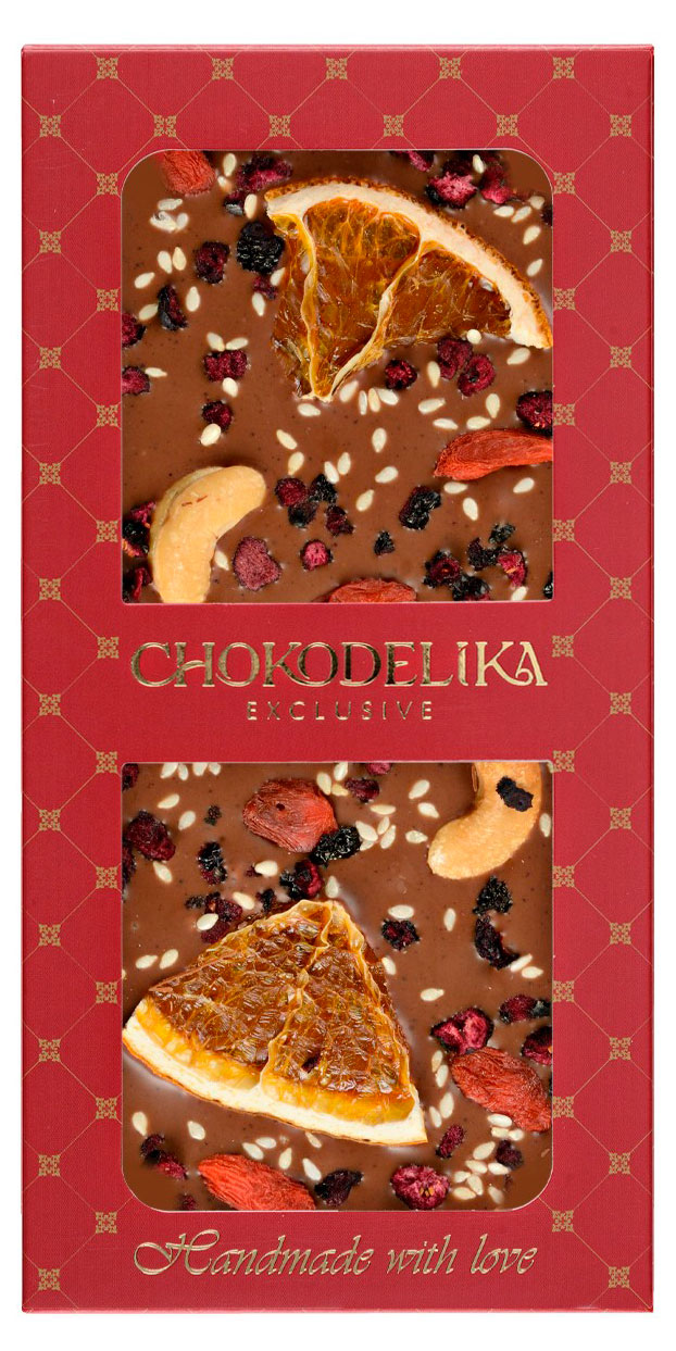 Шоколад молочный Chokodelika с кешью апельсином и годжи без сахара, 80 г