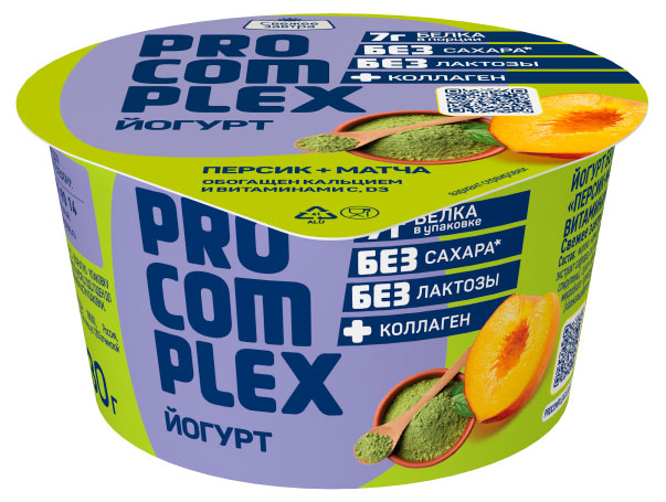 Йогурт густой ложковый Свежее Завтра Procomplex без сахара без лактозы персик матча, 130 г
