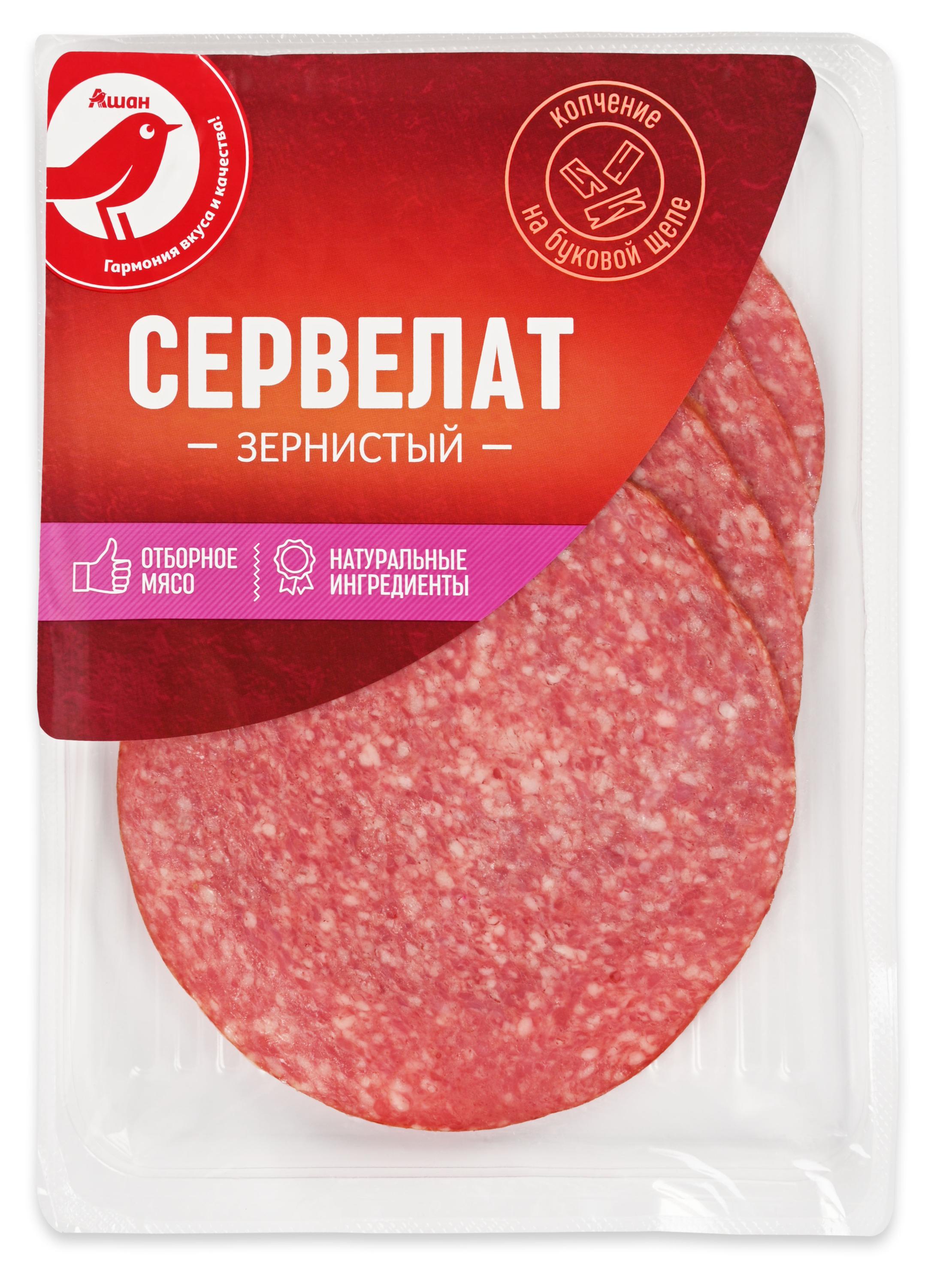 Колбаса варено-копченая АШАН Красная птица Сервелат зернистый копчение на буковой щепе нарезка, 120 г