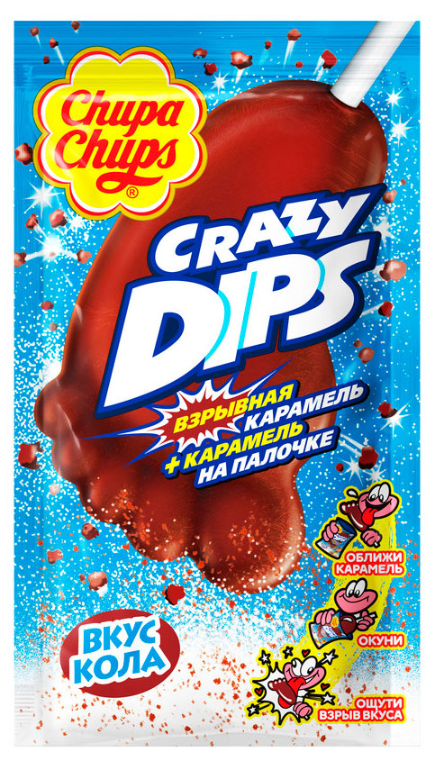 Карамель Chupa Chups Crazy Dips со вкусом колы со взрывной карамелью Китай, 14 г 1 шт