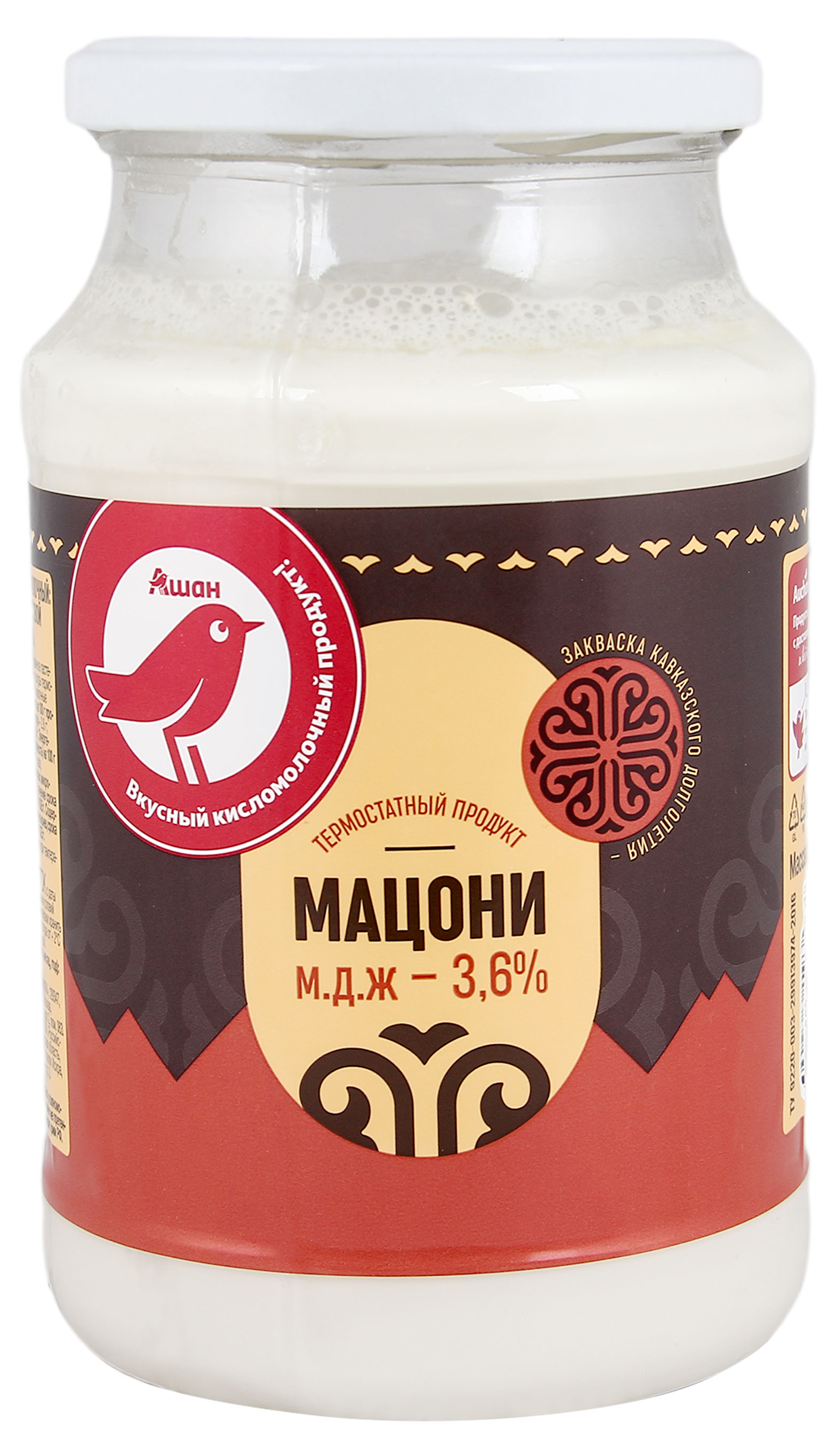 Продукт кисломолочный Мацони термостатный АШАН Красная птица 3,6% БЗМЖ охлажденный, 950 г