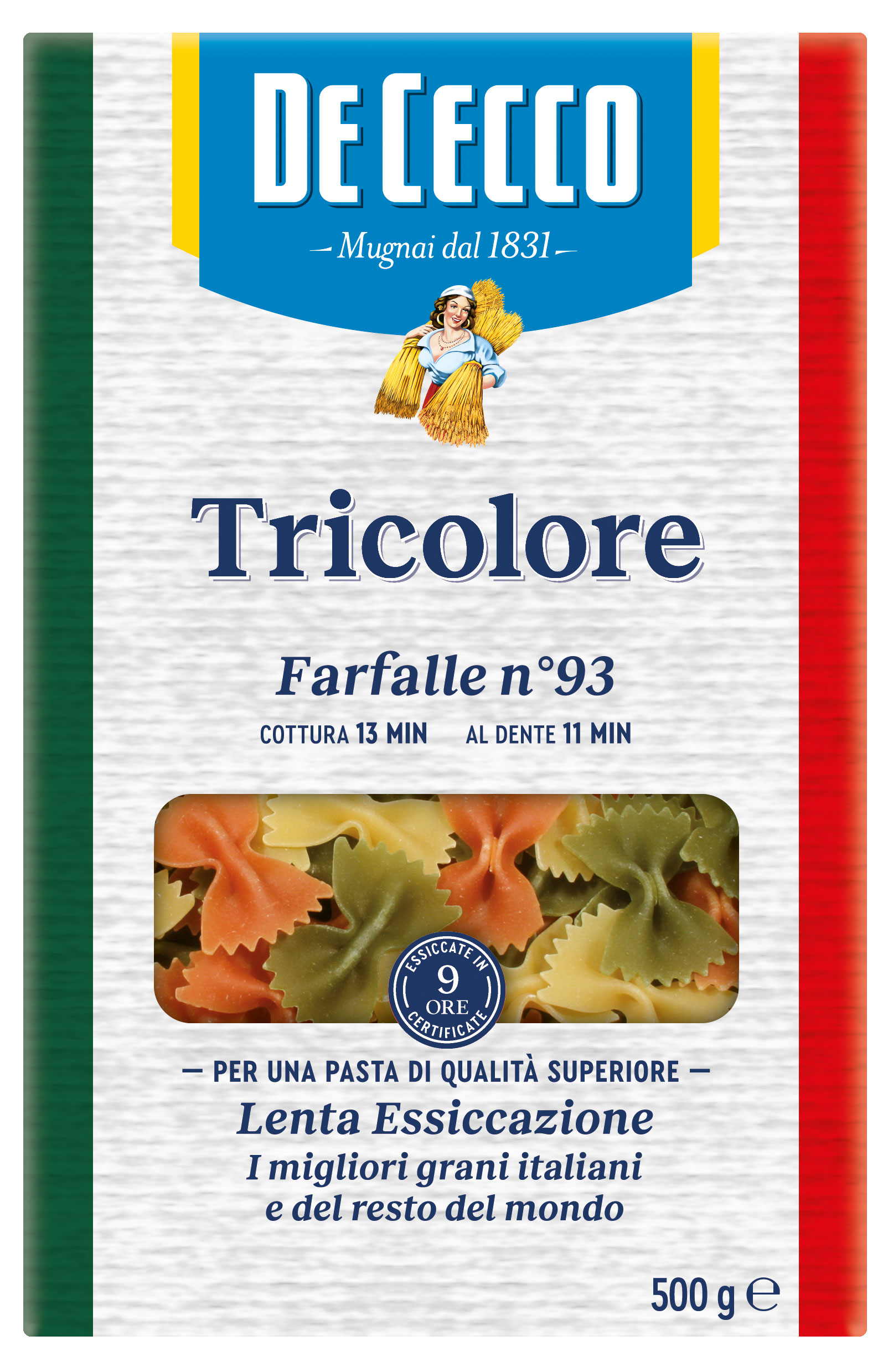 Макаронные изделия De Cecco Farfalle Tricolore 93 бантики, 500 г