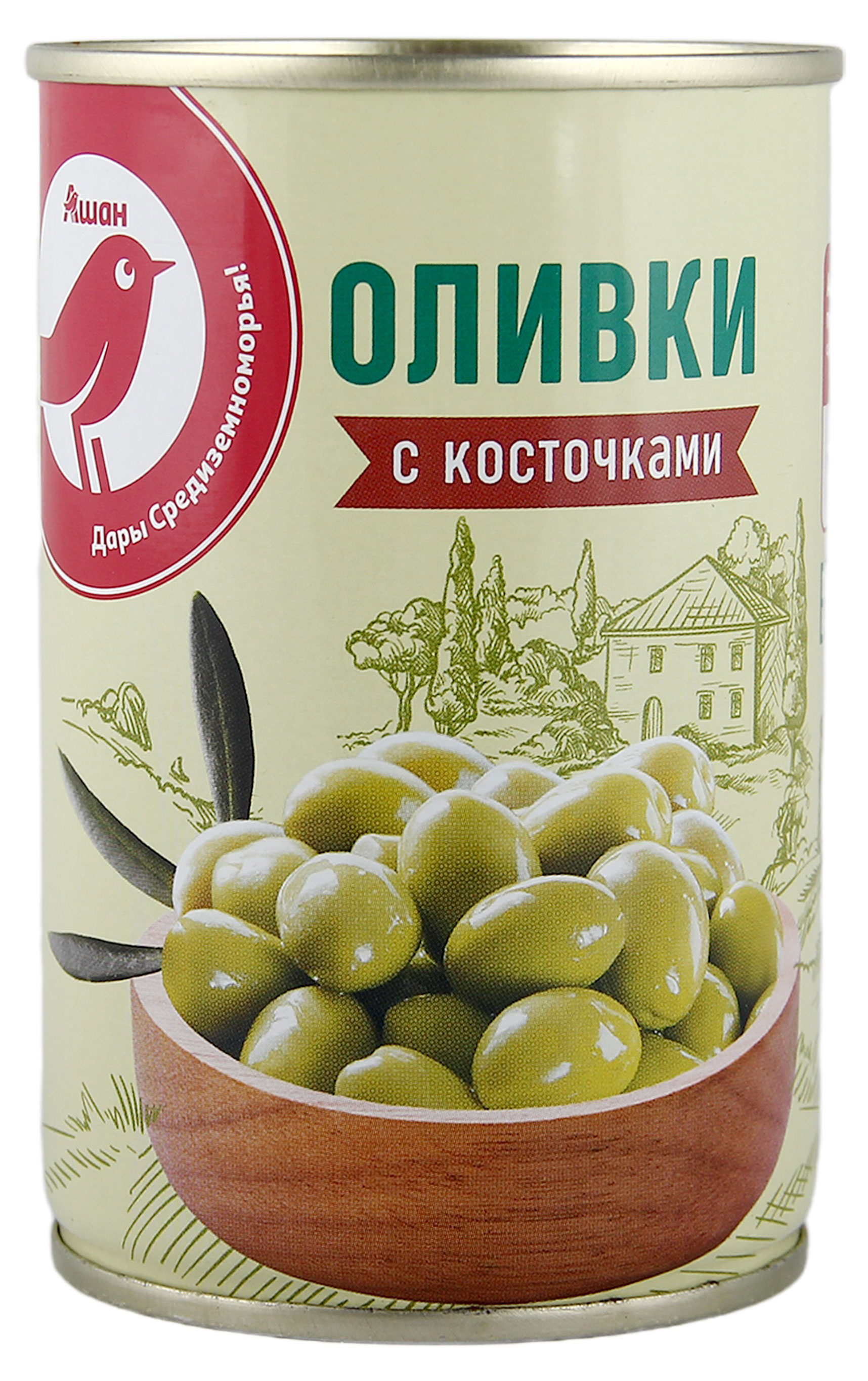 Оливки АШАН Красная птица с косточкой Испания, 300 г