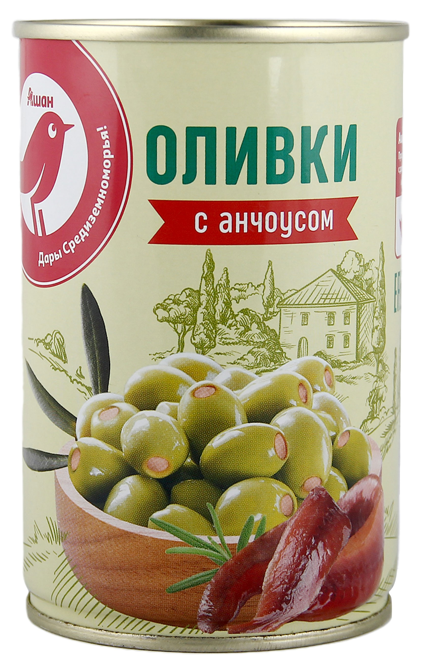 Оливки АШАН Красная птица с анчоусом Испания, 300 г