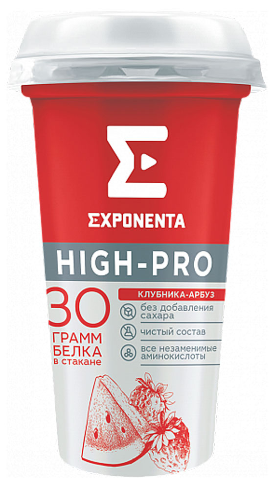 Напиток кисломолочный Exponenta High-pro клубника-арбуз высокобелковый без добавления сахара 0% БЗМЖ Беларусь охлажденный, 250 мл