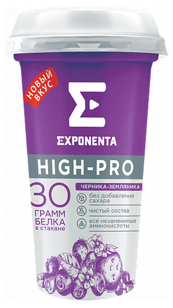 Напиток кисломолочный Exponenta High-pro черника-земляника высокобелковый без добавления сахара 0% БЗМЖ Беларусь охлажденный, 250 мл