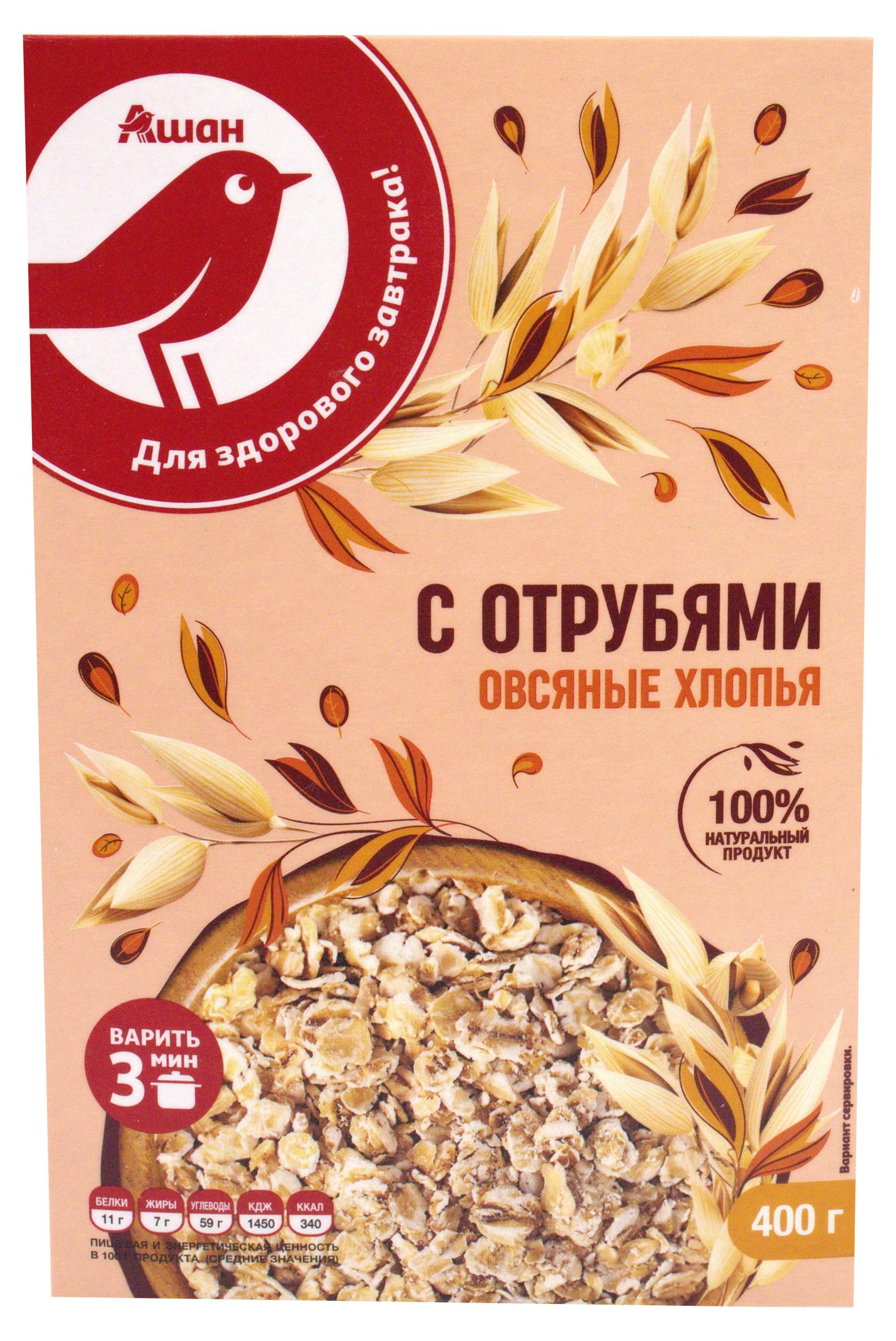 Хлопья овсяные АШАН Красная птица с отрубями, 400 г