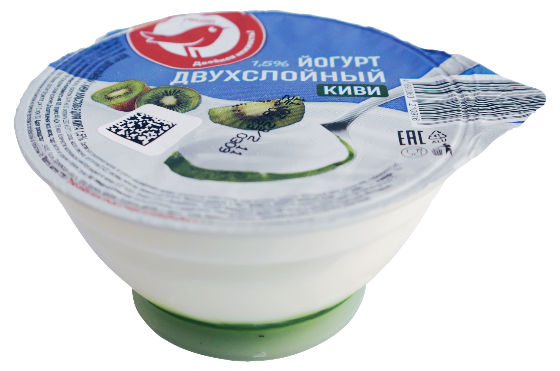 Йогурт ложковый АШАН Красная птица двухслойный с киви 1,5% БЗМЖ, 120 г