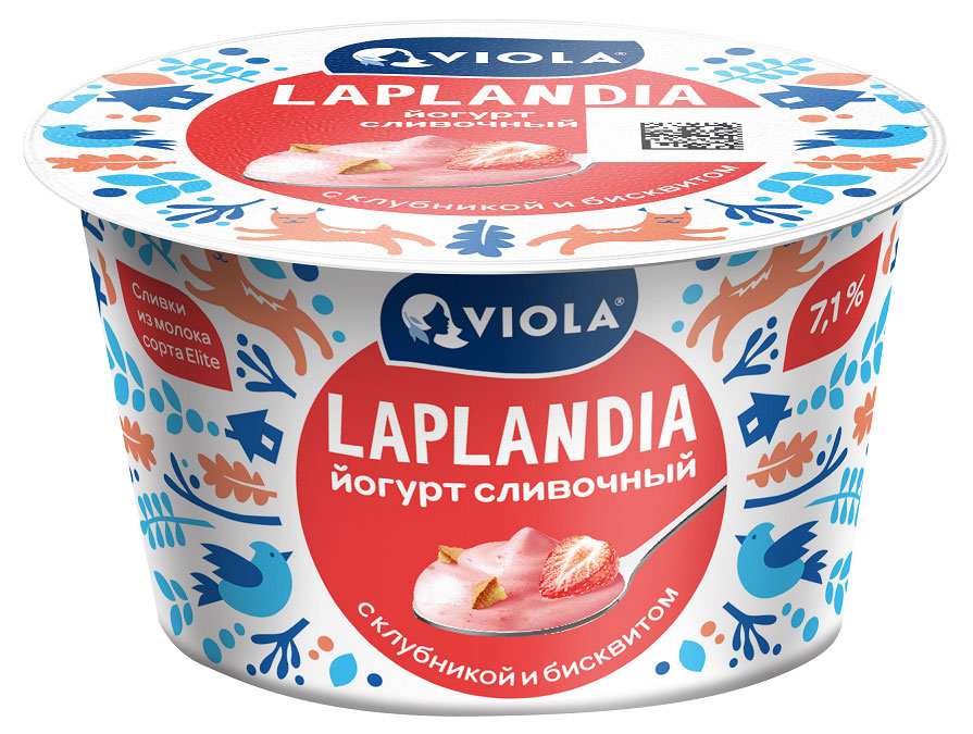 Йогурт сливочный густой ложковый с клубникой и бисквитом микс Viola Laplandia 7,1% БЗМЖ, 180 г