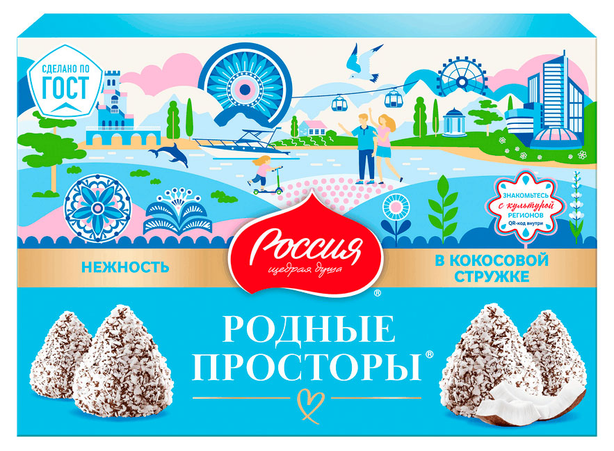 Конфеты шоколадные Россия - Щедрая душа! Родные просторы с кокосовой стружкой, 172 г