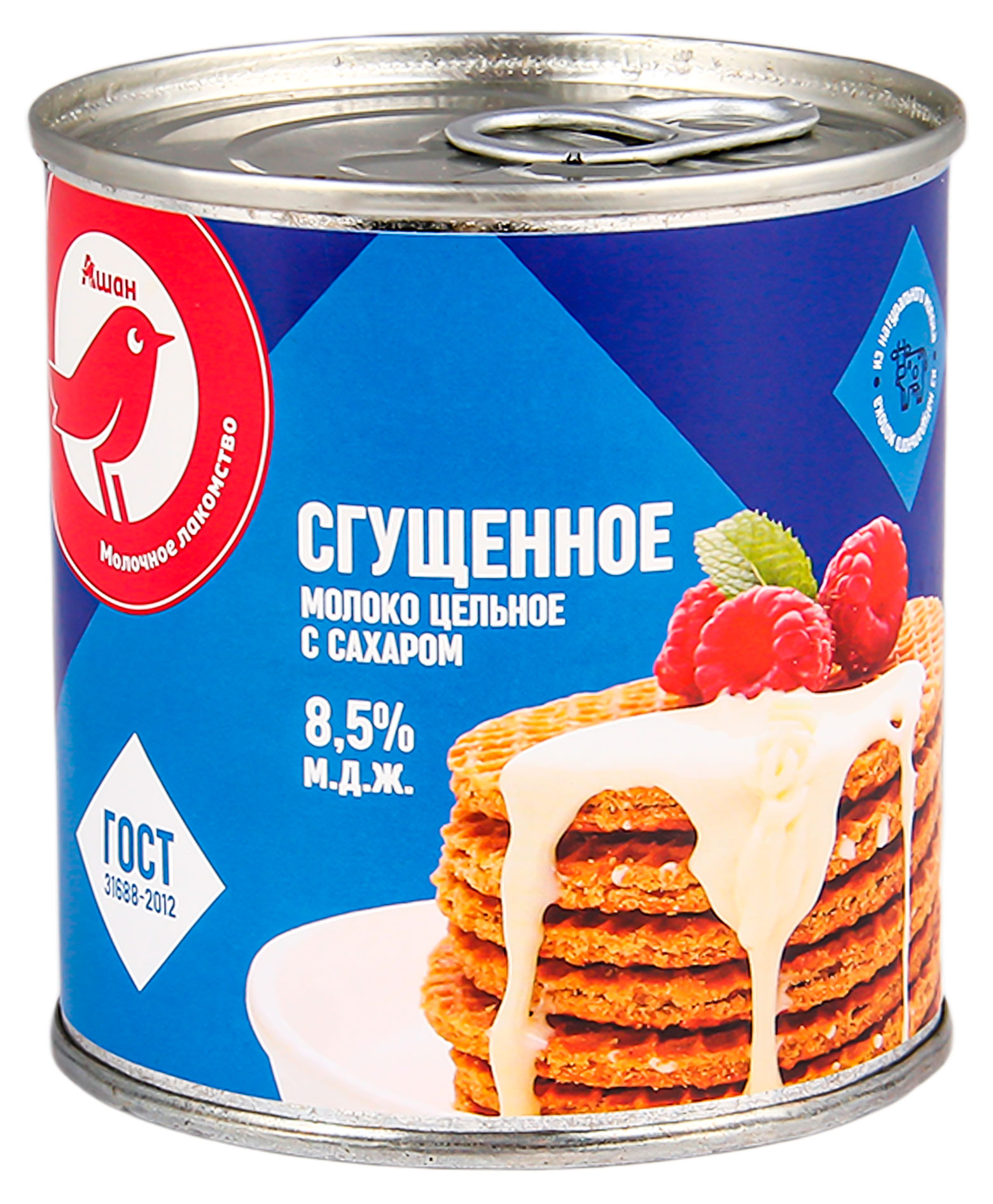 Молоко сгущенное АШАН Красная птица цельное с сахаром 8,5% ГОСТ БЗМЖ, 380 г