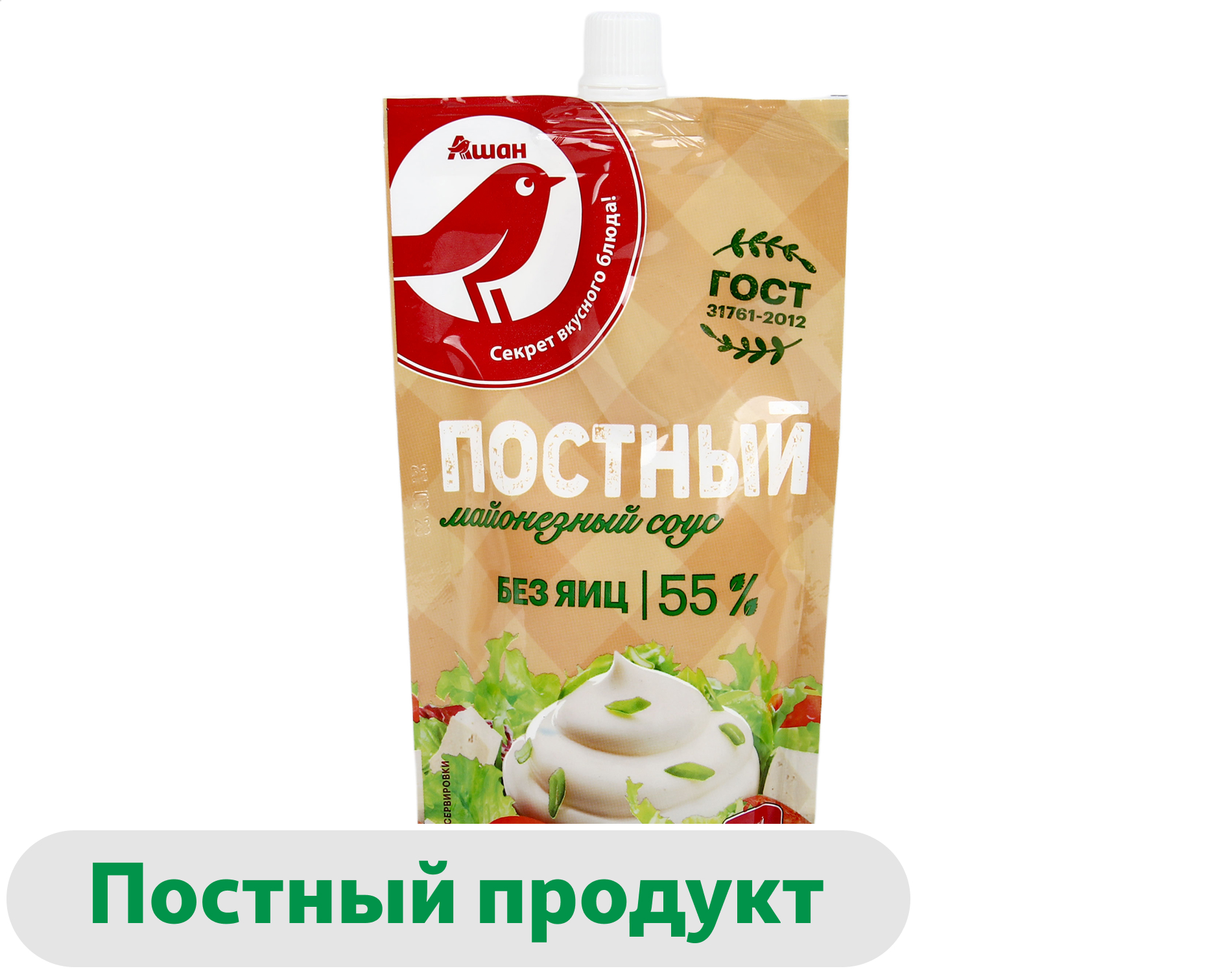 Майонез АШАН Красная птица постный без яиц 55% охлажденный, 200 мл