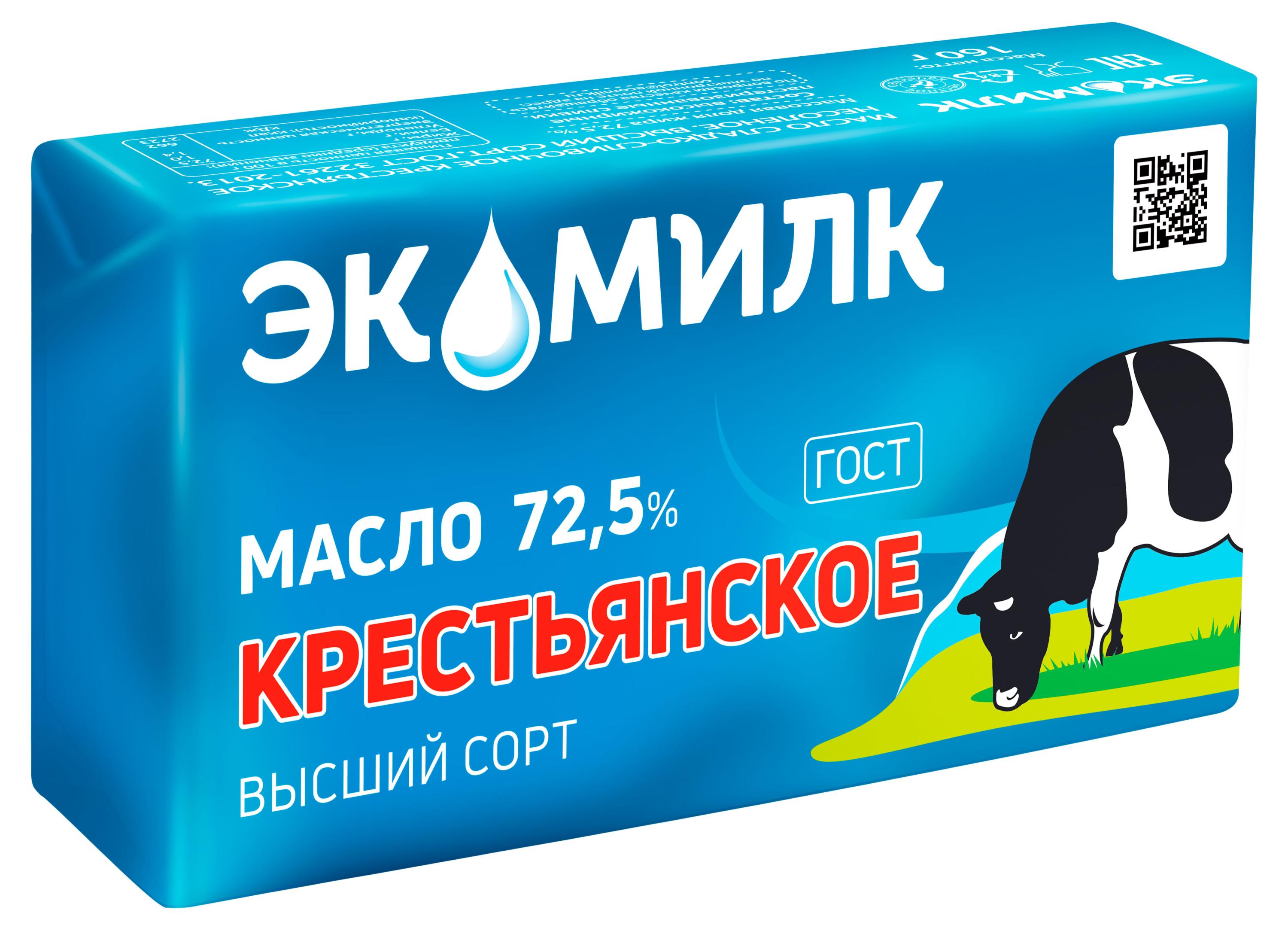 Масло сладкосливочное Экомилк Крестьянское несоленое высший сорт брикет 72,5% ГОСТ БЗМЖ, 160 г
