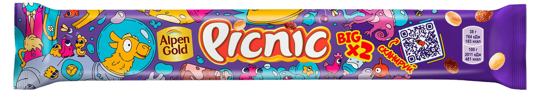 Шоколадный батончик Picnic Big c арахисом изюмом мягкой карамелью, 76 г